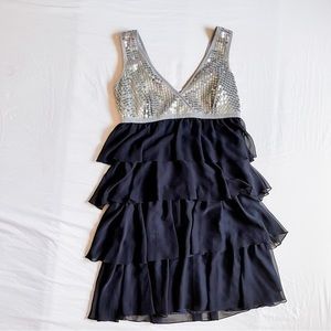 DKNY Women’s Silver Sequined and Black Ruffled Mini Dress